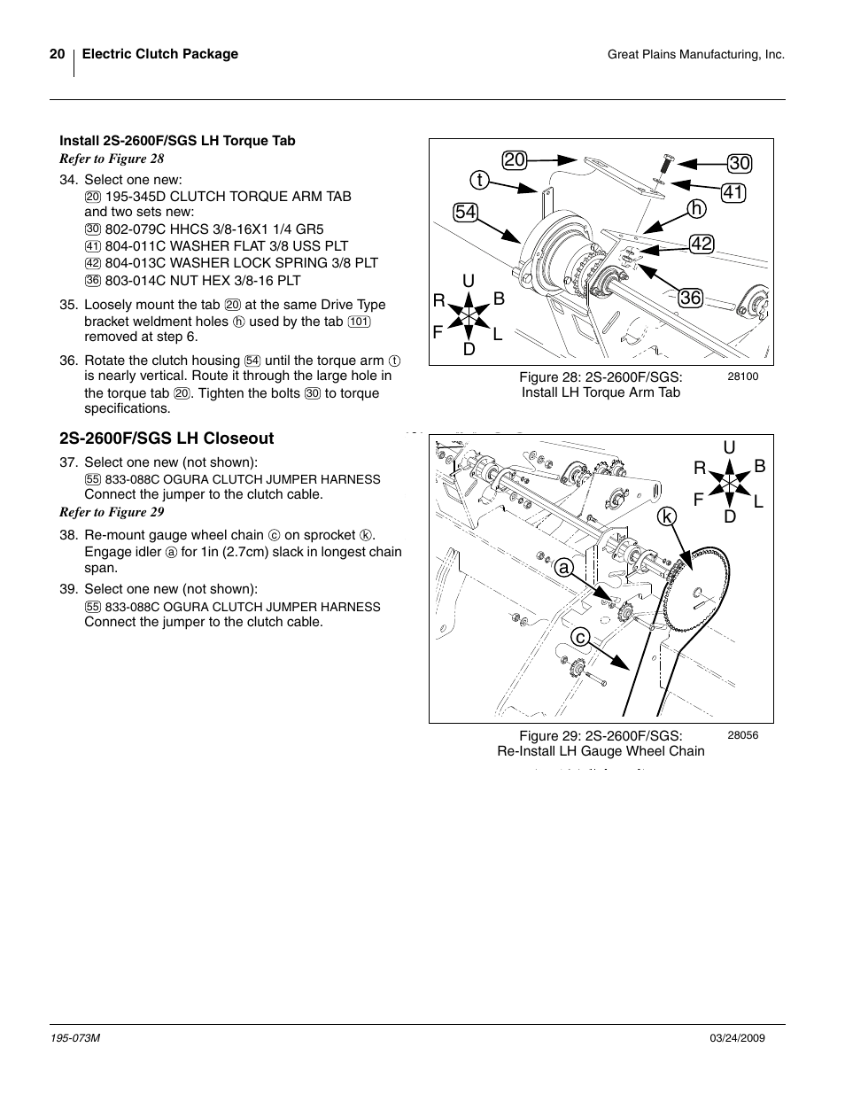 Install 2s-2600f/sgs lh torque tab, 2s-2600f/sgs lh closeout, Ca k | Great Plains Electric Clutch Package User Manual | Page 24 / 108