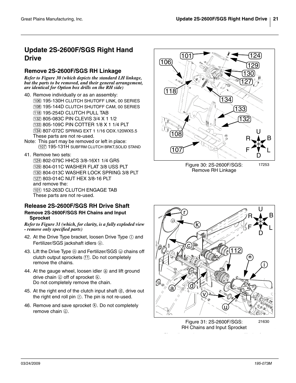 Update 2s-2600f/sgs right hand drive, Remove 2s-2600f/sgs rh linkage, Release 2s-2600f/sgs rh drive shaft | Remove 2s-2600f/sgs rh chains and input sprocket | Great Plains Electric Clutch Package User Manual | Page 25 / 108