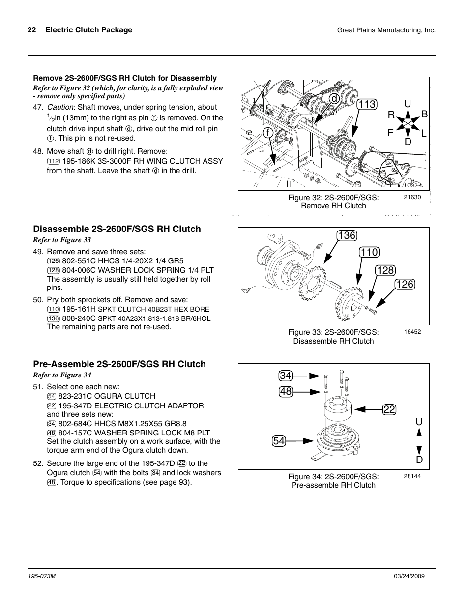 Remove 2s-2600f/sgs rh clutch for disassembly, Disassemble 2s-2600f/sgs rh clutch, Pre-assemble 2s-2600f/sgs rh clutch | Df 113 | Great Plains Electric Clutch Package User Manual | Page 26 / 108