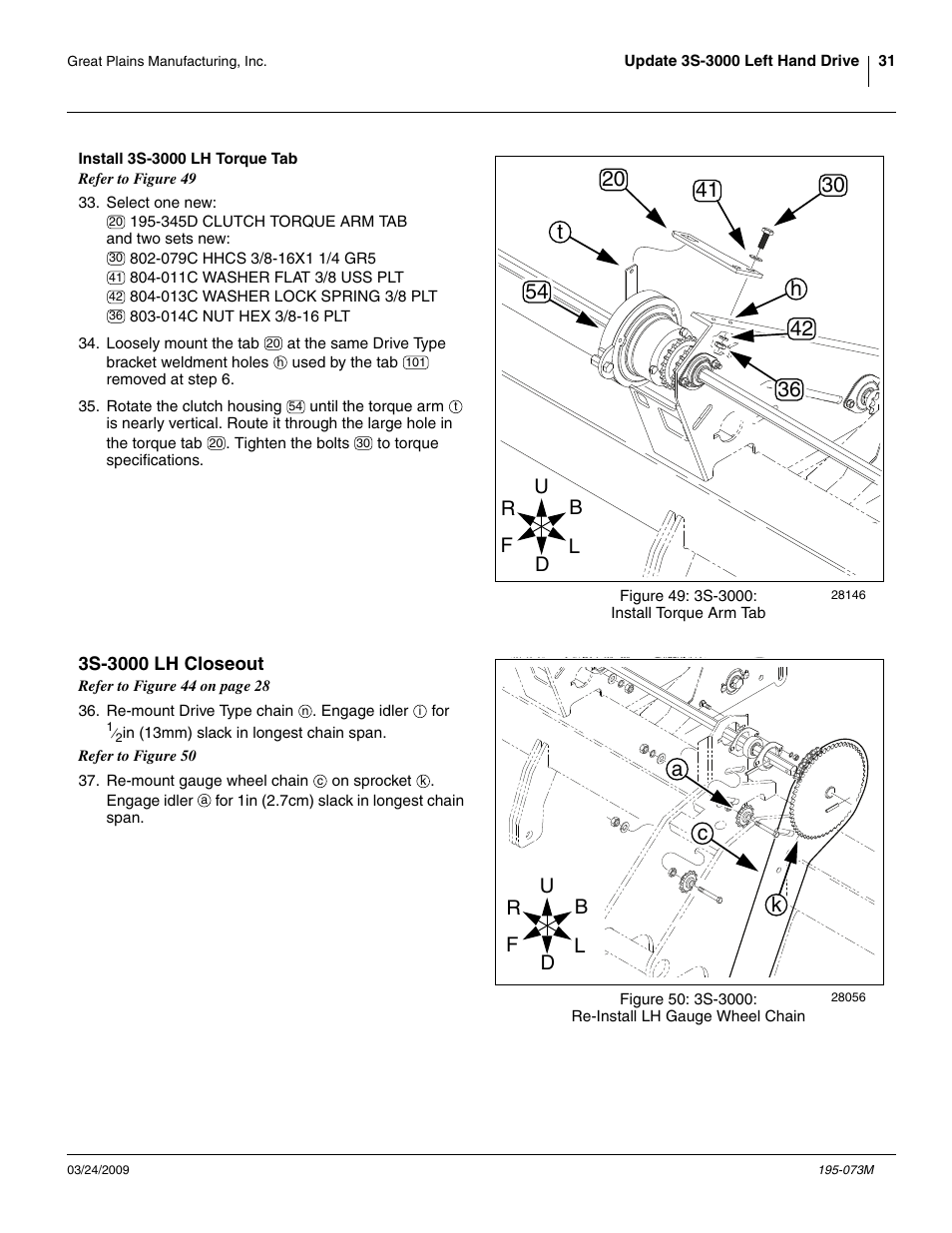 Install 3s-3000 lh torque tab, 3s-3000 lh closeout, Ac k | Great Plains Electric Clutch Package User Manual | Page 35 / 108