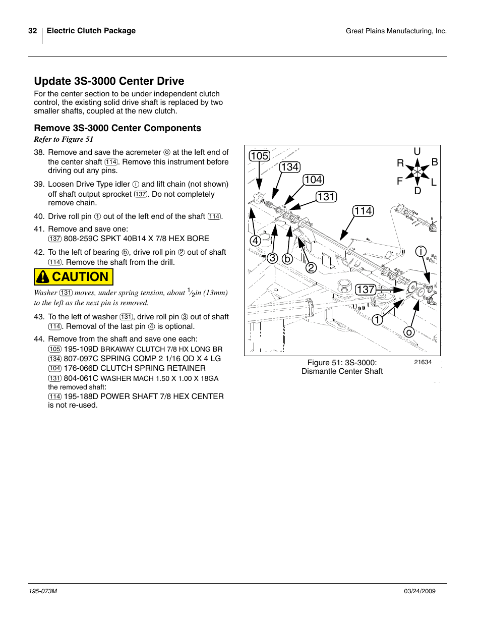 Update 3s-3000 center drive, Remove 3s-3000 center components, Caution | Great Plains Electric Clutch Package User Manual | Page 36 / 108