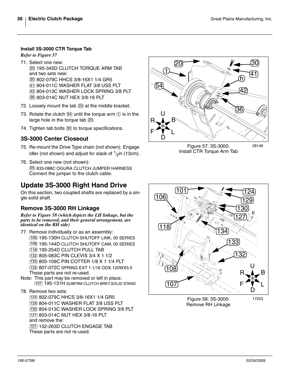 Install 3s-3000 ctr torque tab, 3s-3000 center closeout, Update 3s-3000 right hand drive | Remove 3s-3000 rh linkage | Great Plains Electric Clutch Package User Manual | Page 40 / 108