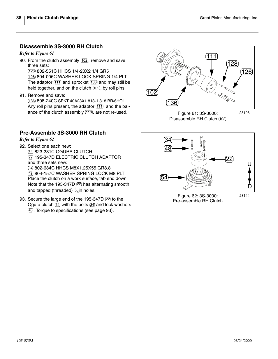 Disassemble 3s-3000 rh clutch, Pre-assemble 3s-3000 rh clutch | Great Plains Electric Clutch Package User Manual | Page 42 / 108