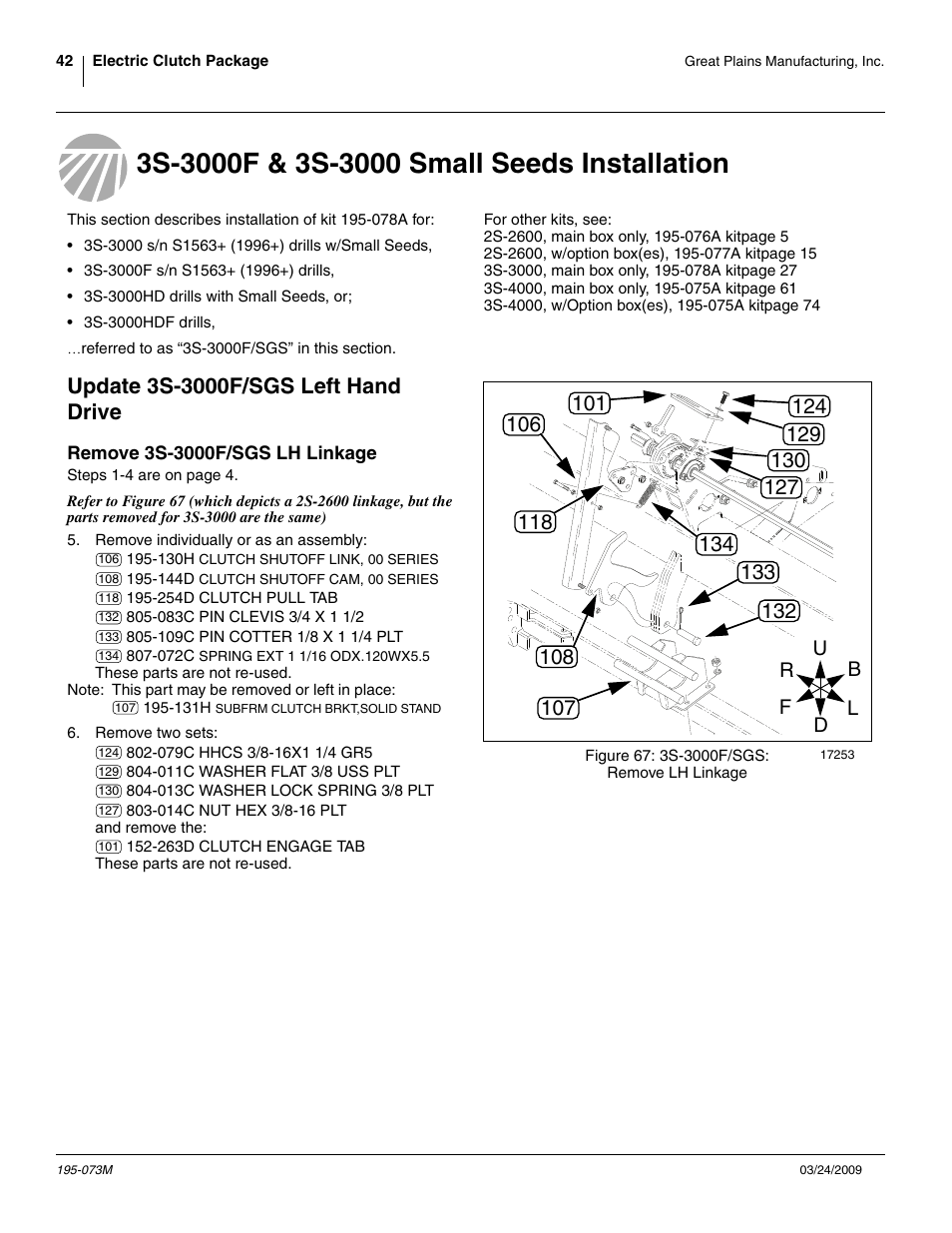 3s-3000f & 3s-3000 small seeds installation, Update 3s-3000f/sgs left hand drive, Remove 3s-3000f/sgs lh linkage | Great Plains Electric Clutch Package User Manual | Page 46 / 108