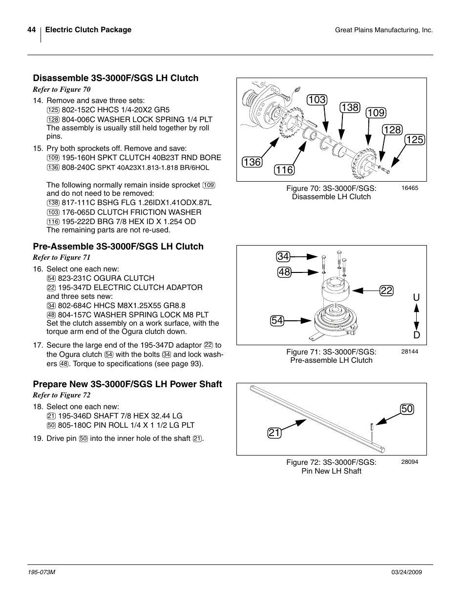 Disassemble 3s-3000f/sgs lh clutch, Pre-assemble 3s-3000f/sgs lh clutch, Prepare new 3s-3000f/sgs lh power shaft | Great Plains Electric Clutch Package User Manual | Page 48 / 108