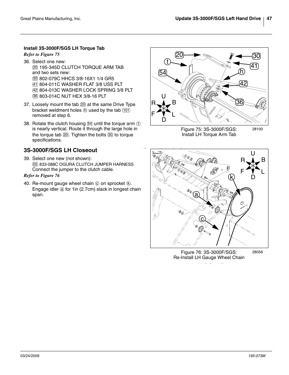 Install 3s-3000f/sgs lh torque tab, 3s-3000f/sgs lh closeout, Ca k | Great Plains Electric Clutch Package User Manual | Page 51 / 108