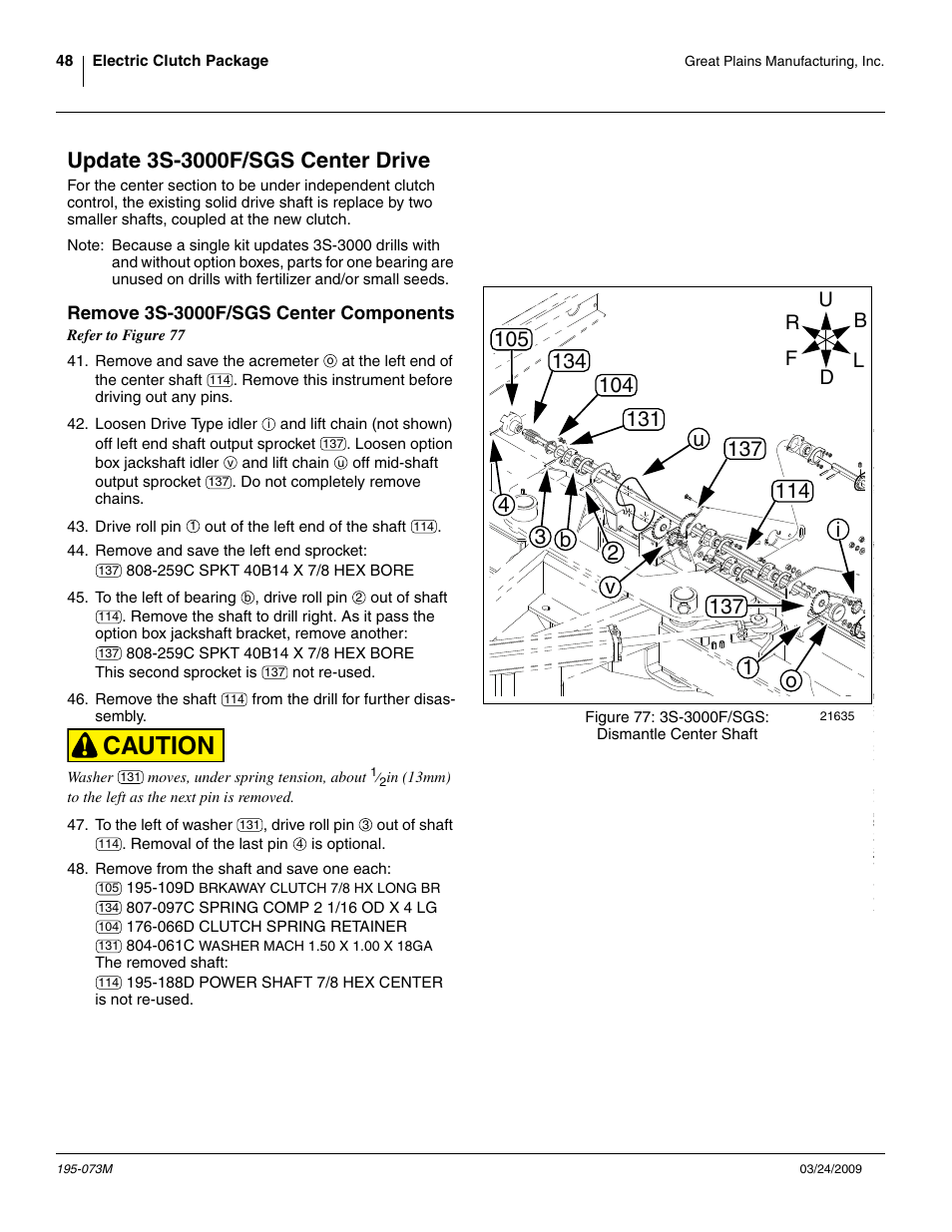 Update 3s-3000f/sgs center drive, Remove 3s-3000f/sgs center components, Caution | Great Plains Electric Clutch Package User Manual | Page 52 / 108