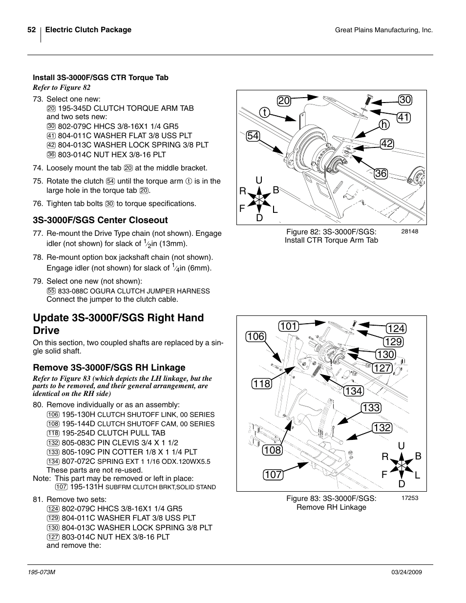 Install 3s-3000f/sgs ctr torque tab, 3s-3000f/sgs center closeout, Update 3s-3000f/sgs right hand drive | Remove 3s-3000f/sgs rh linkage | Great Plains Electric Clutch Package User Manual | Page 56 / 108