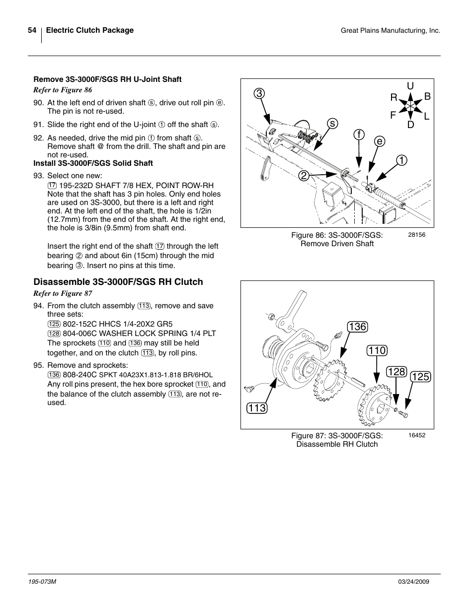 Remove 3s-3000f/sgs rh u-joint shaft, Install 3s-3000f/sgs solid shaft, Disassemble 3s-3000f/sgs rh clutch | Ef s 1 2 3 | Great Plains Electric Clutch Package User Manual | Page 58 / 108
