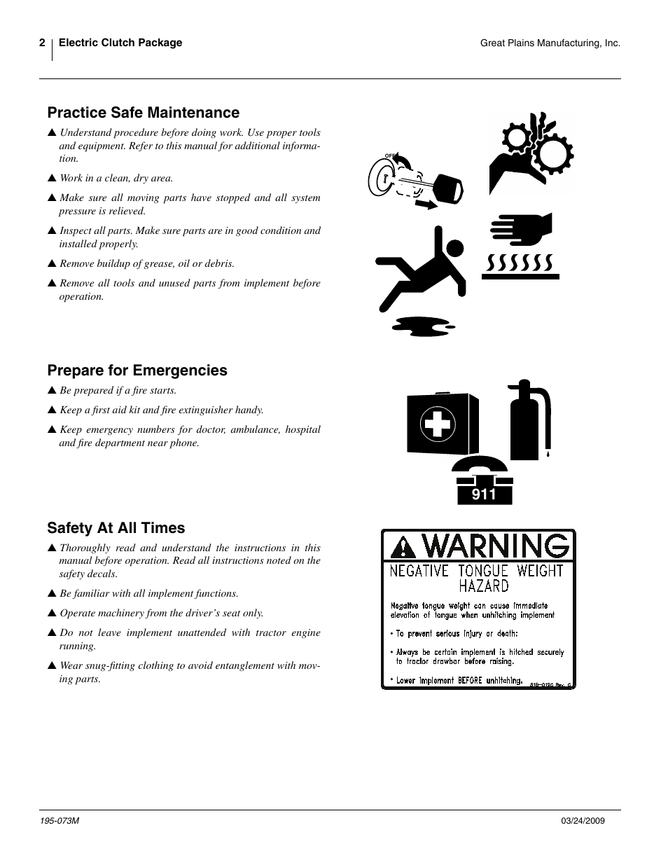 Practice safe maintenance, Prepare for emergencies, Safety at all times | Great Plains Electric Clutch Package User Manual | Page 6 / 108