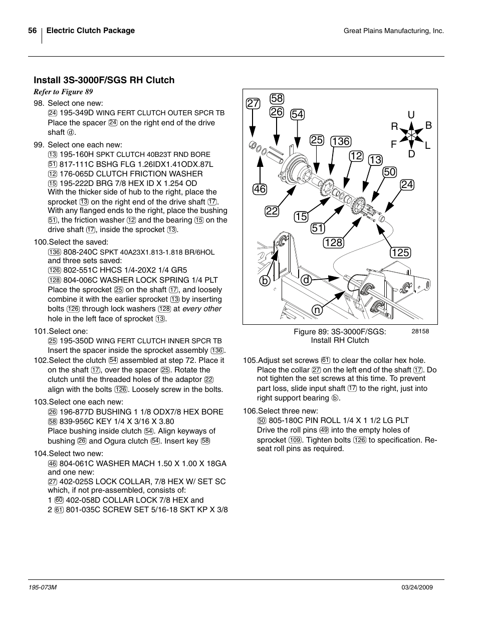 Install 3s-3000f/sgs rh clutch | Great Plains Electric Clutch Package User Manual | Page 60 / 108