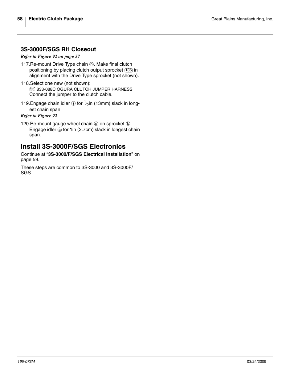 3s-3000f/sgs rh closeout, Install 3s-3000f/sgs electronics | Great Plains Electric Clutch Package User Manual | Page 62 / 108