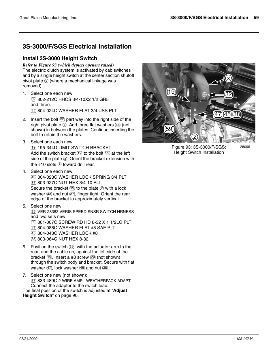 3s-3000/f/sgs electrical installation, Install 3s-3000 height switch | Great Plains Electric Clutch Package User Manual | Page 63 / 108