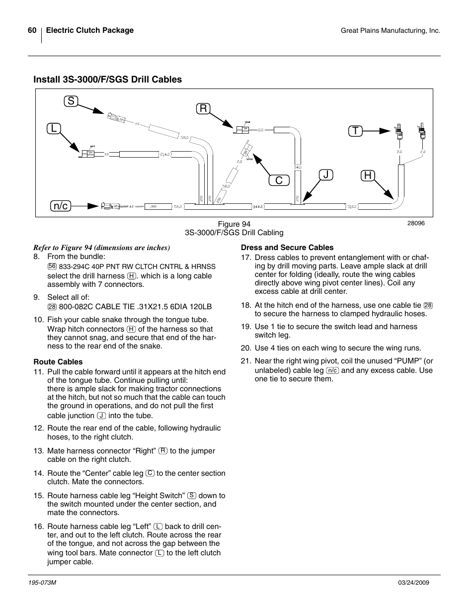 Install 3s-3000/f/sgs drill cables, Route cables, Dress and secure cables | Rl s c n/c t j h | Great Plains Electric Clutch Package User Manual | Page 64 / 108