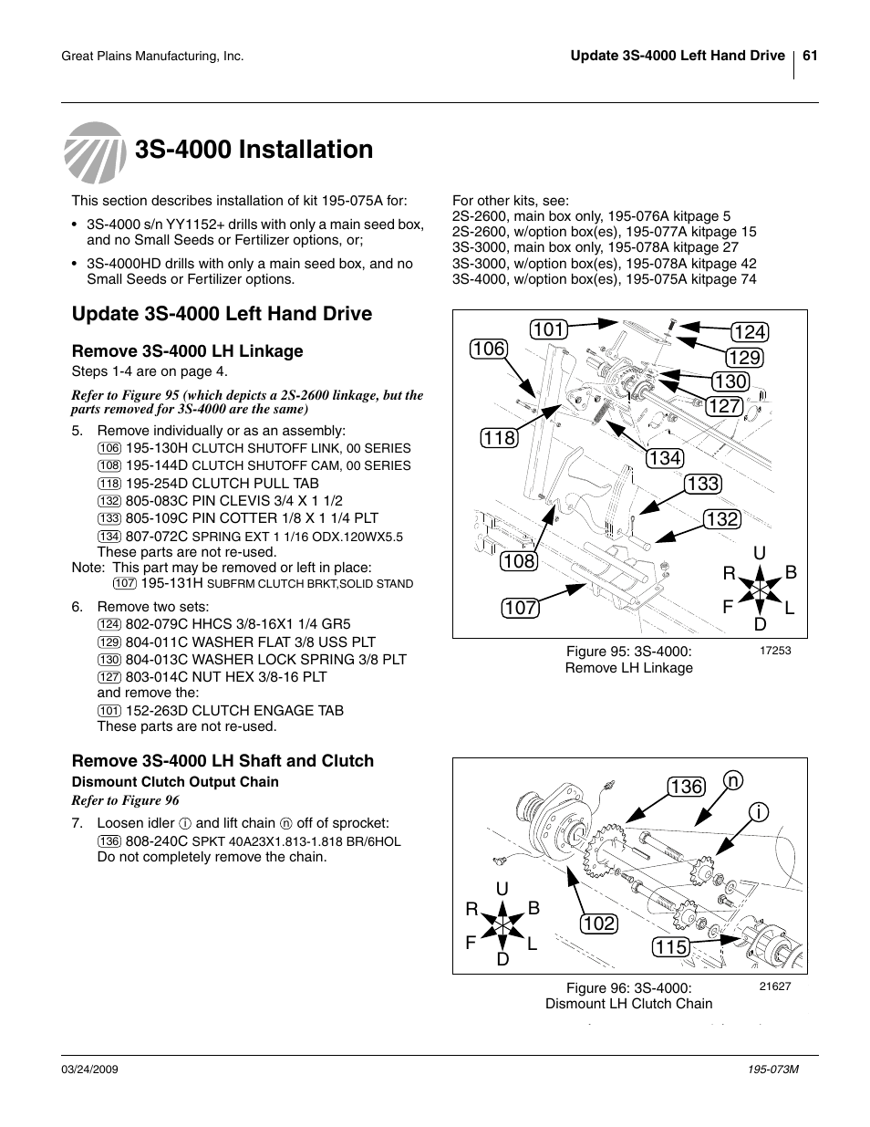 3s-4000 installation, Update 3s-4000 left hand drive, Remove 3s-4000 lh linkage | Remove 3s-4000 lh shaft and clutch, Dismount clutch output chain | Great Plains Electric Clutch Package User Manual | Page 65 / 108