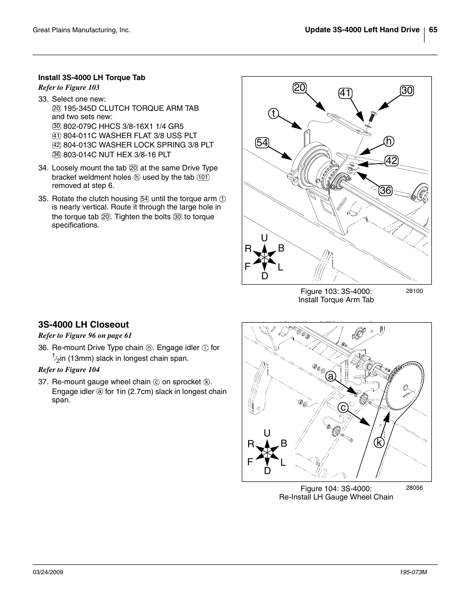 Install 3s-4000 lh torque tab, 3s-4000 lh closeout, Ac k | Great Plains Electric Clutch Package User Manual | Page 69 / 108