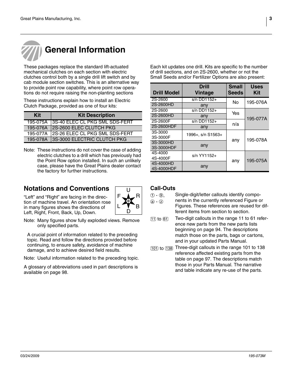 General information, Notations and conventions, Call-outs | General information notations and conventions | Great Plains Electric Clutch Package User Manual | Page 7 / 108