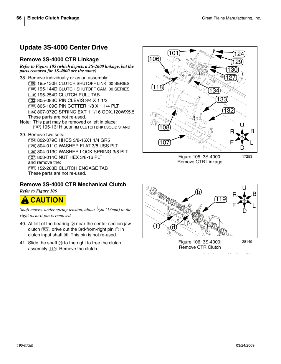 Update 3s-4000 center drive, Remove 3s-4000 ctr linkage, Remove 3s-4000 ctr mechanical clutch | Caution, Bf d 119 | Great Plains Electric Clutch Package User Manual | Page 70 / 108