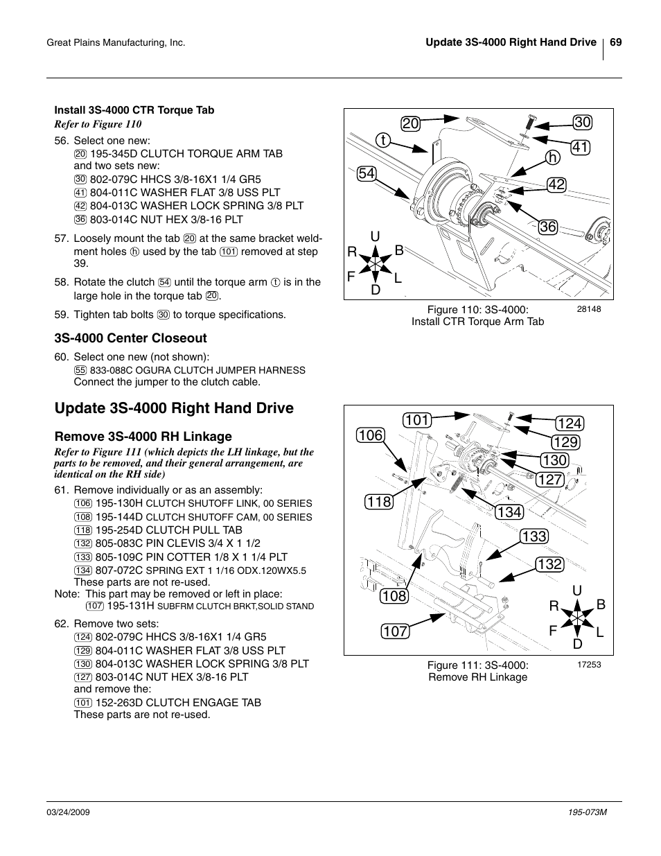 Install 3s-4000 ctr torque tab, 3s-4000 center closeout, Update 3s-4000 right hand drive | Remove 3s-4000 rh linkage | Great Plains Electric Clutch Package User Manual | Page 73 / 108