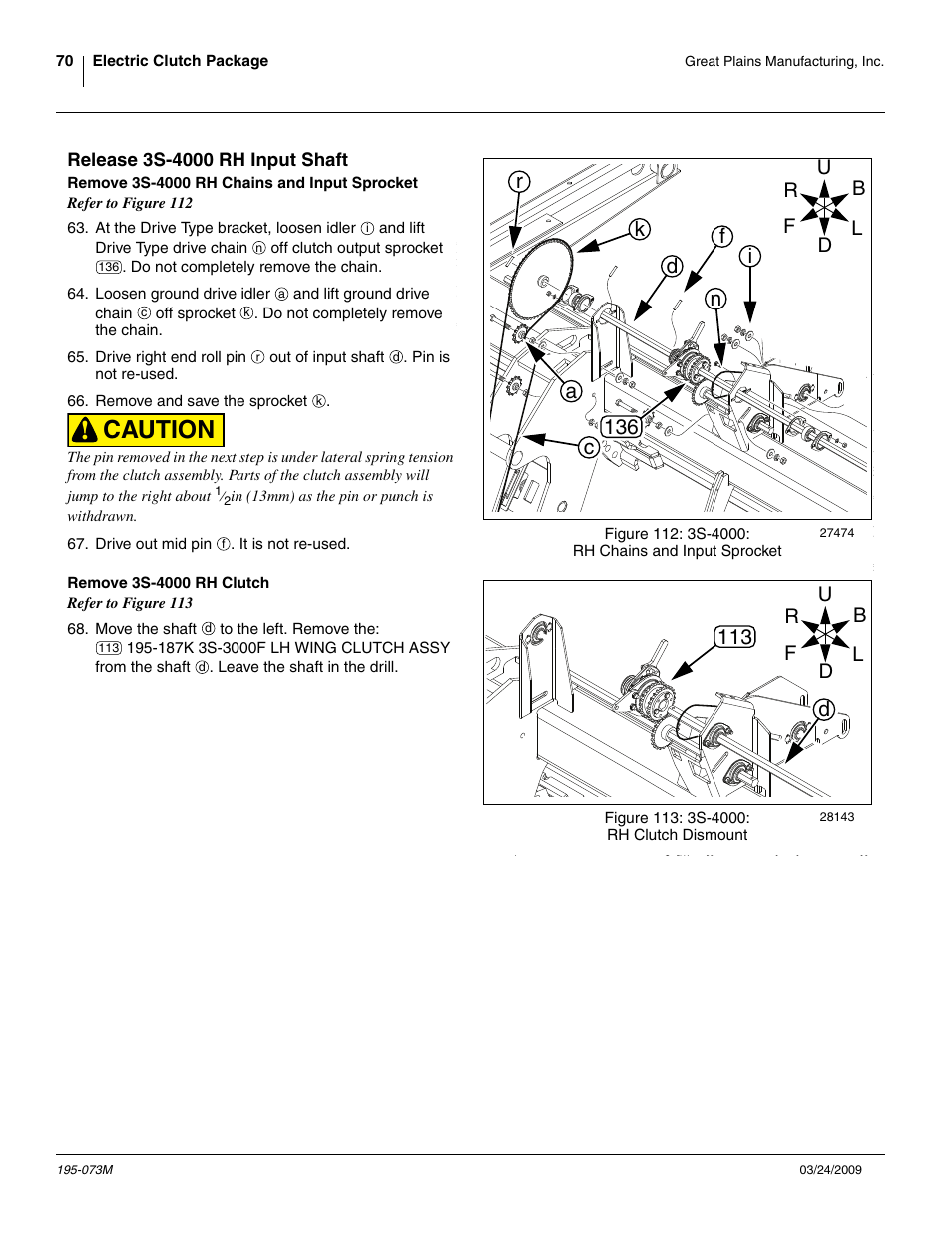 Release 3s-4000 rh input shaft, Remove 3s-4000 rh chains and input sprocket, Remove 3s-4000 rh clutch | Caution, D113 | Great Plains Electric Clutch Package User Manual | Page 74 / 108