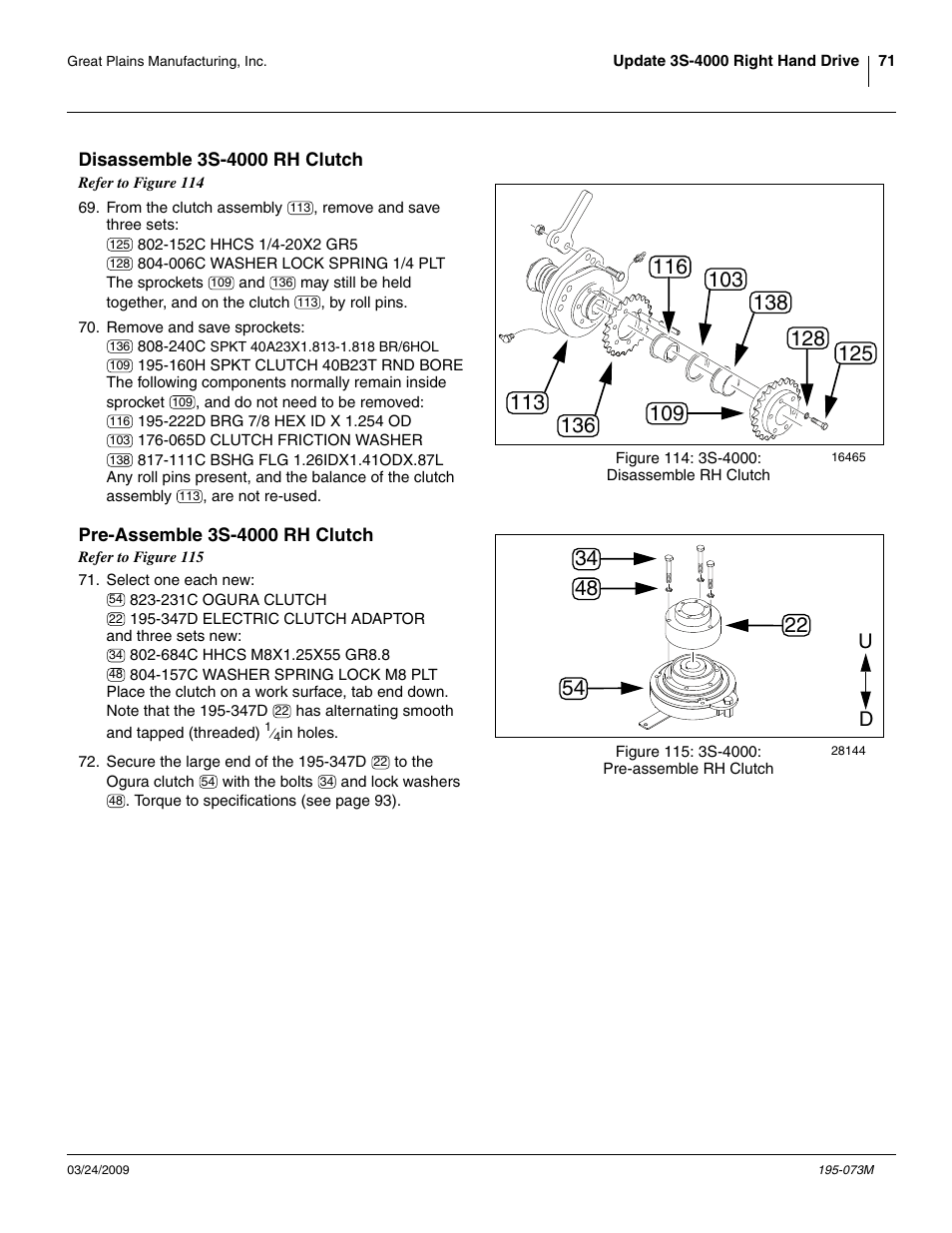 Disassemble 3s-4000 rh clutch, Pre-assemble 3s-4000 rh clutch, Led at step 72. place it | Great Plains Electric Clutch Package User Manual | Page 75 / 108