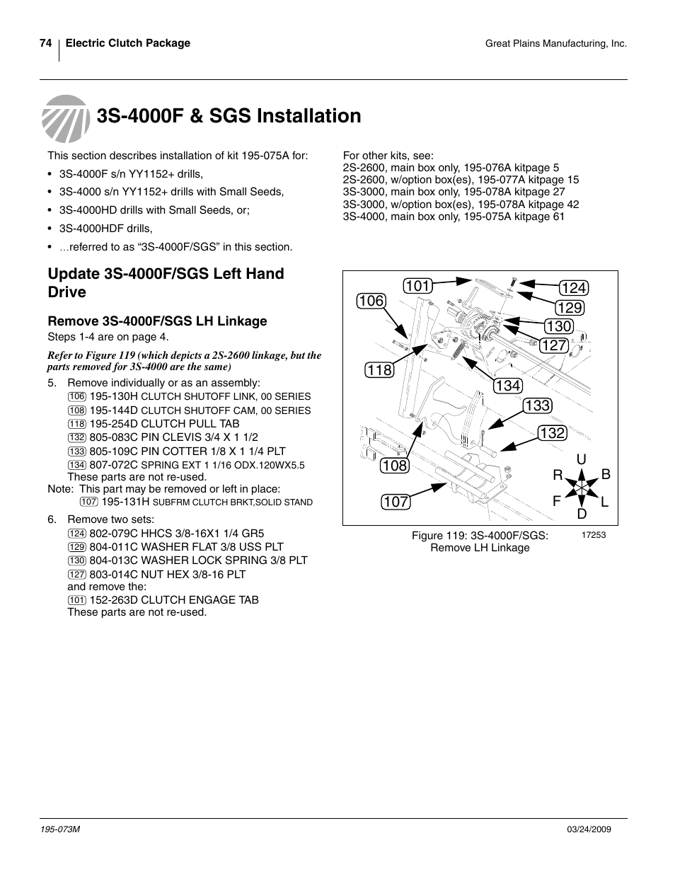 3s-4000f & sgs installation, Update 3s-4000f/sgs left hand drive, Remove 3s-4000f/sgs lh linkage | Great Plains Electric Clutch Package User Manual | Page 78 / 108