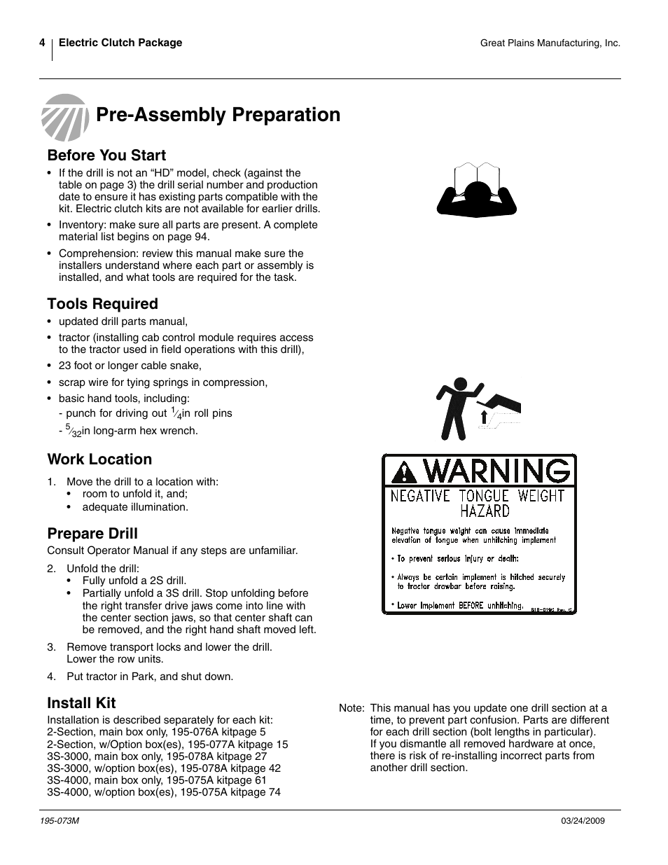 Pre-assembly preparation, Before you start, Tools required | Work location, Prepare drill, Install kit | Great Plains Electric Clutch Package User Manual | Page 8 / 108