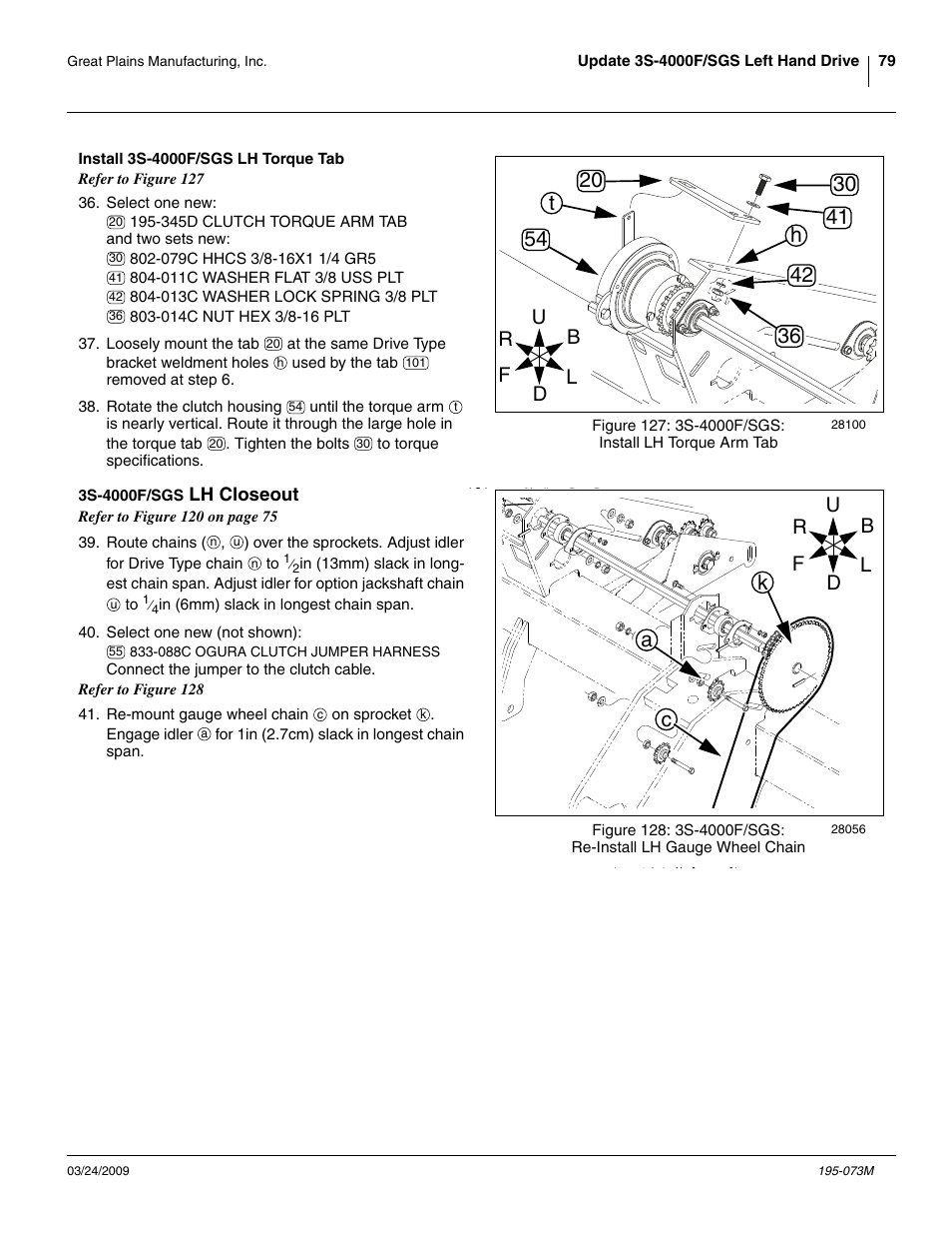 Install 3s-4000f/sgs lh torque tab, 3s-4000f/sgs lh closeout, Ca k | Great Plains Electric Clutch Package User Manual | Page 83 / 108