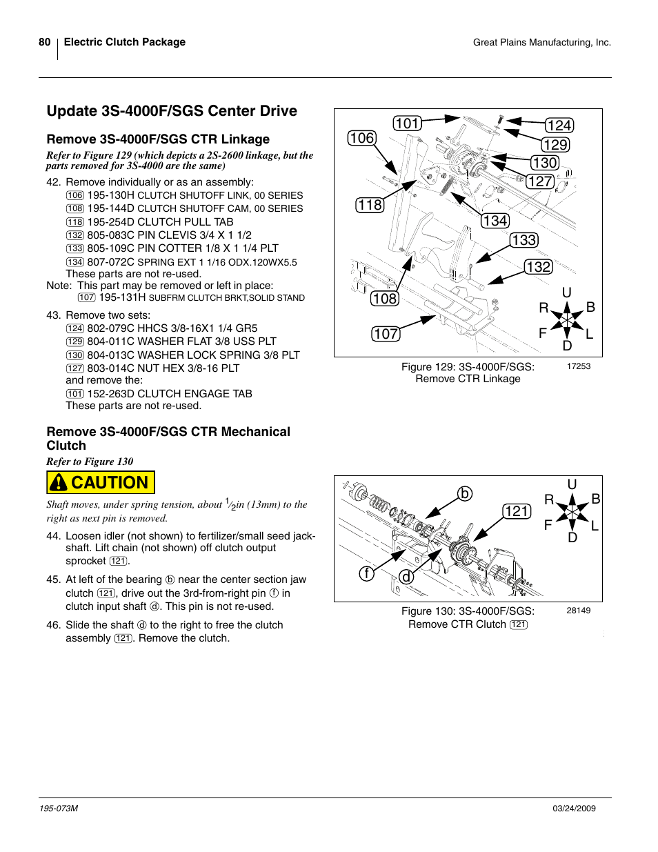 Update 3s-4000f/sgs center drive, Remove 3s-4000f/sgs ctr linkage, Remove 3s-4000f/sgs ctr mechanical clutch | Caution, Bf d 121 | Great Plains Electric Clutch Package User Manual | Page 84 / 108