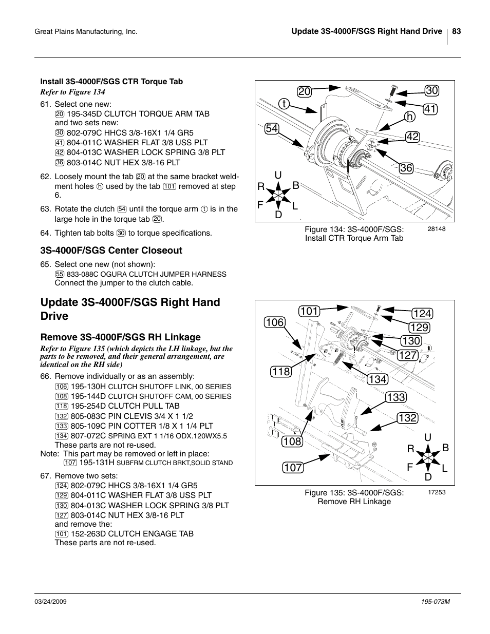 Install 3s-4000f/sgs ctr torque tab, 3s-4000f/sgs center closeout, Update 3s-4000f/sgs right hand drive | Remove 3s-4000f/sgs rh linkage | Great Plains Electric Clutch Package User Manual | Page 87 / 108