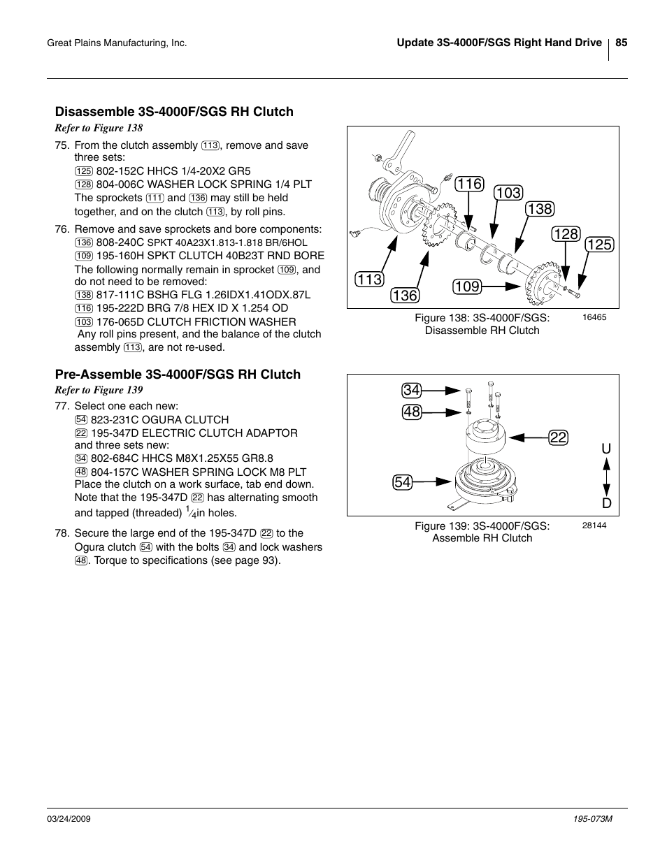 Disassemble 3s-4000f/sgs rh clutch, Pre-assemble 3s-4000f/sgs rh clutch | Great Plains Electric Clutch Package User Manual | Page 89 / 108