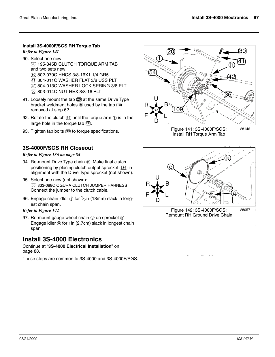 Install 3s-4000f/sgs rh torque tab, 3s-4000f/sgs rh closeout, Install 3s-4000 electronics | Ca k | Great Plains Electric Clutch Package User Manual | Page 91 / 108