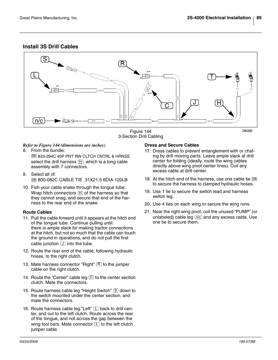 Install 3s drill cables, Route cables, Dress and secure cables | Rl s c n/c t j h | Great Plains Electric Clutch Package User Manual | Page 93 / 108