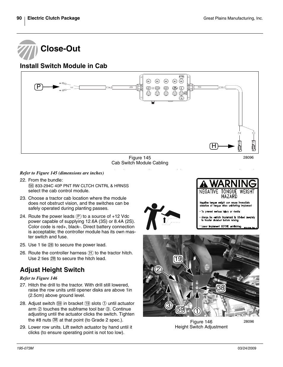 Close-out, Install switch module in cab, Adjust height switch | Great Plains Electric Clutch Package User Manual | Page 94 / 108