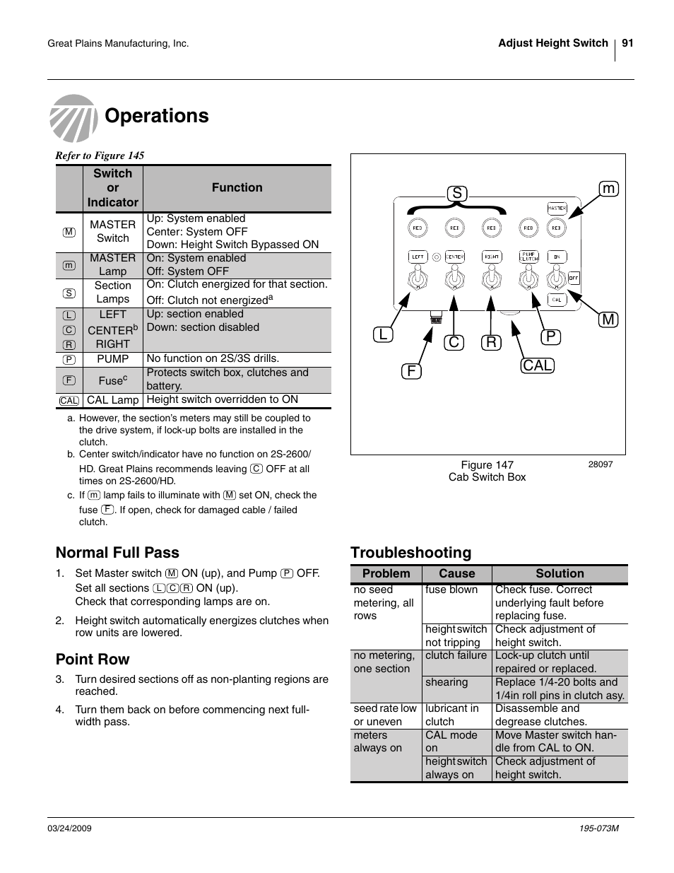 Operations, Normal full pass, Point row | Troubleshooting | Great Plains Electric Clutch Package User Manual | Page 95 / 108