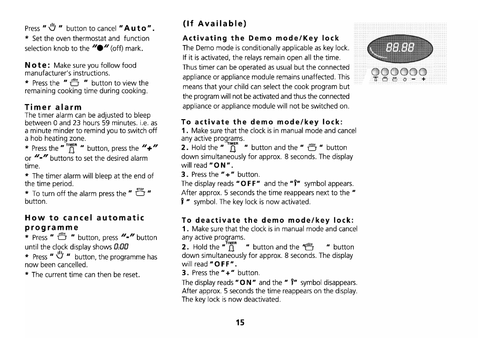 If available), A u t o, No t e | T im er al a rm | Beko D 6623 T User Manual | Page 18 / 25