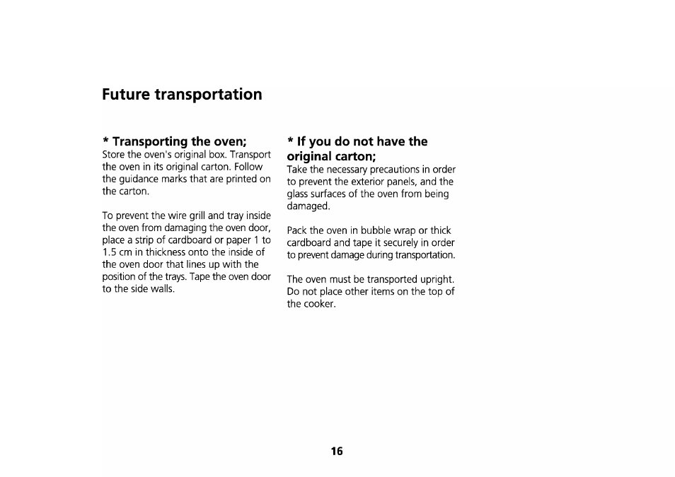 Future transportation, Transporting the oven, If you do not have the original carton | Beko D 6623 T User Manual | Page 19 / 25
