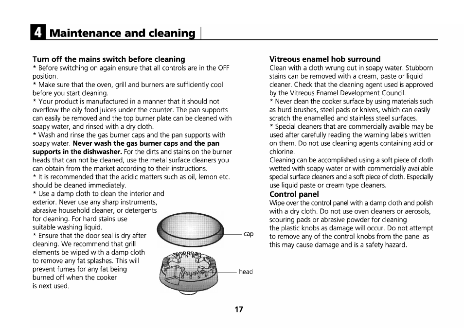 Maintenance and cleaning, Turn off the mains switch before cleaning, Vitreous enamel hob surround | Control panel | Beko D 6623 T User Manual | Page 20 / 25