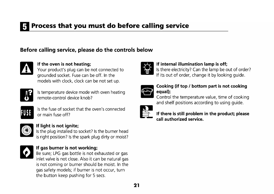 Process that you must do before calling service, If the oven is not heating, If light is not ignite | If gas burner is not working, If internal illumination lamp is off | Beko D 6623 T User Manual | Page 24 / 25