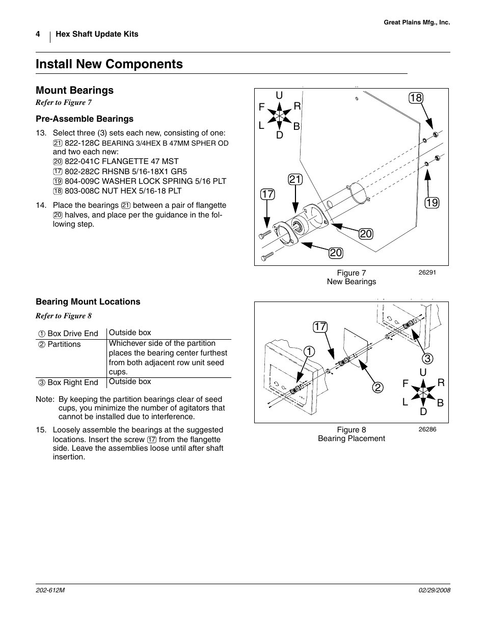 Install new components, Mount bearings, Pre-assemble bearings | Bearing mount locations | Great Plains 1005NG User Manual | Page 4 / 8