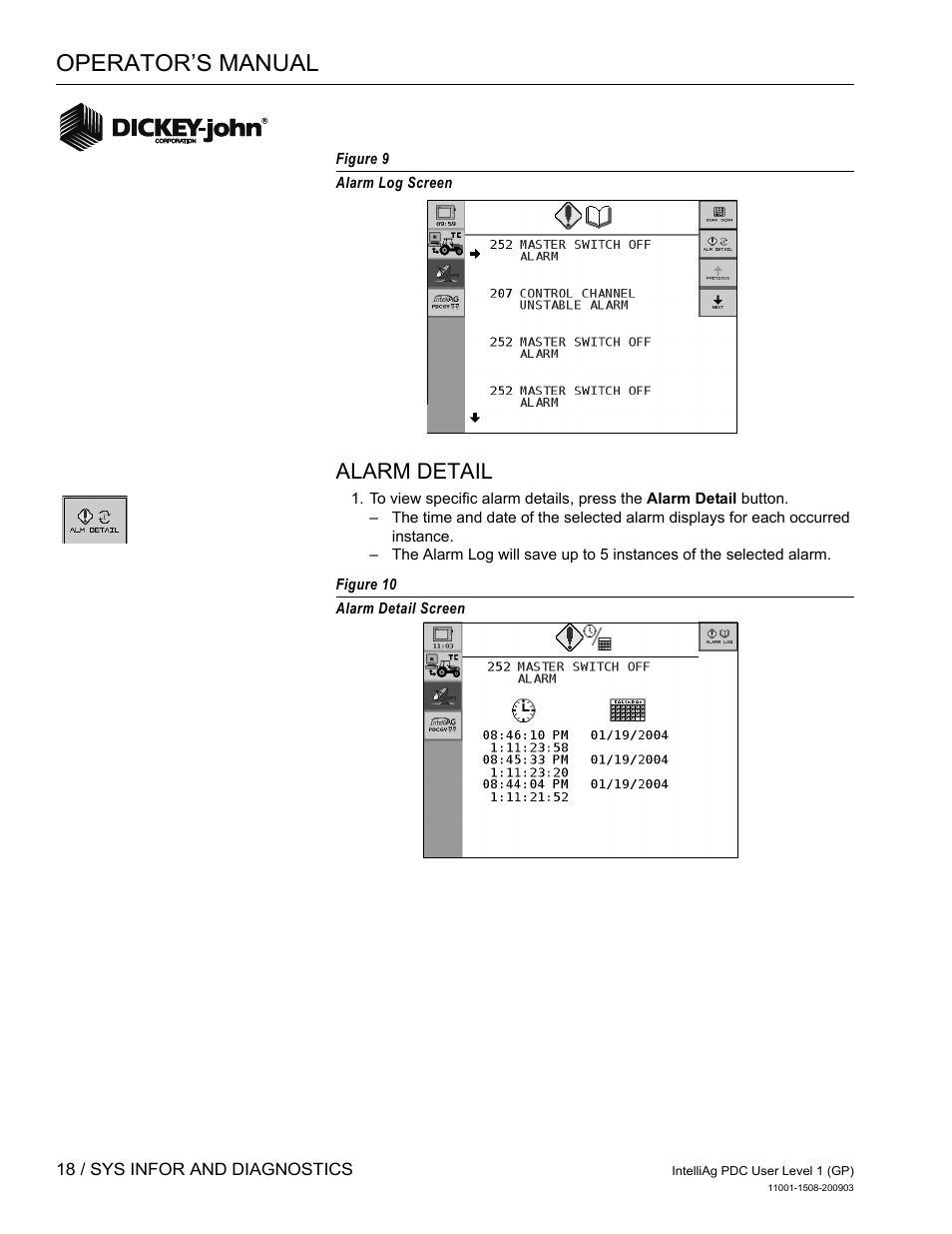 Operator’s manual, Alarm detail | Great Plains DICKEY-john IntelliAg Planter-Drill Control L1 User Manual | Page 20 / 37
