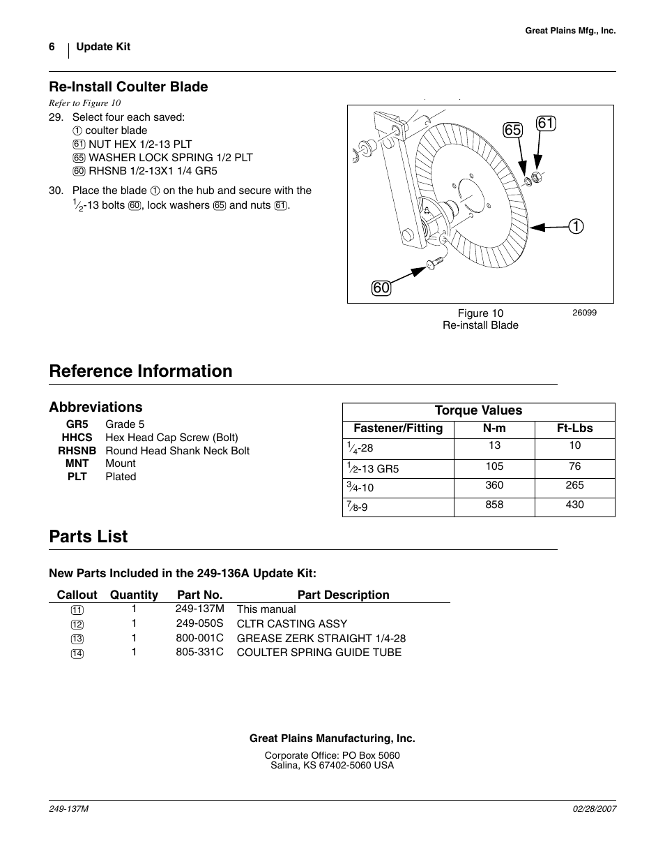 Re-install coulter blade, Reference information, Abbreviations | Parts list, New parts included in the 249-136a update kit, And install the, To the spr, 331c coulter spring guide tube | Great Plains Frame-Mounted Coulters User Manual | Page 6 / 6