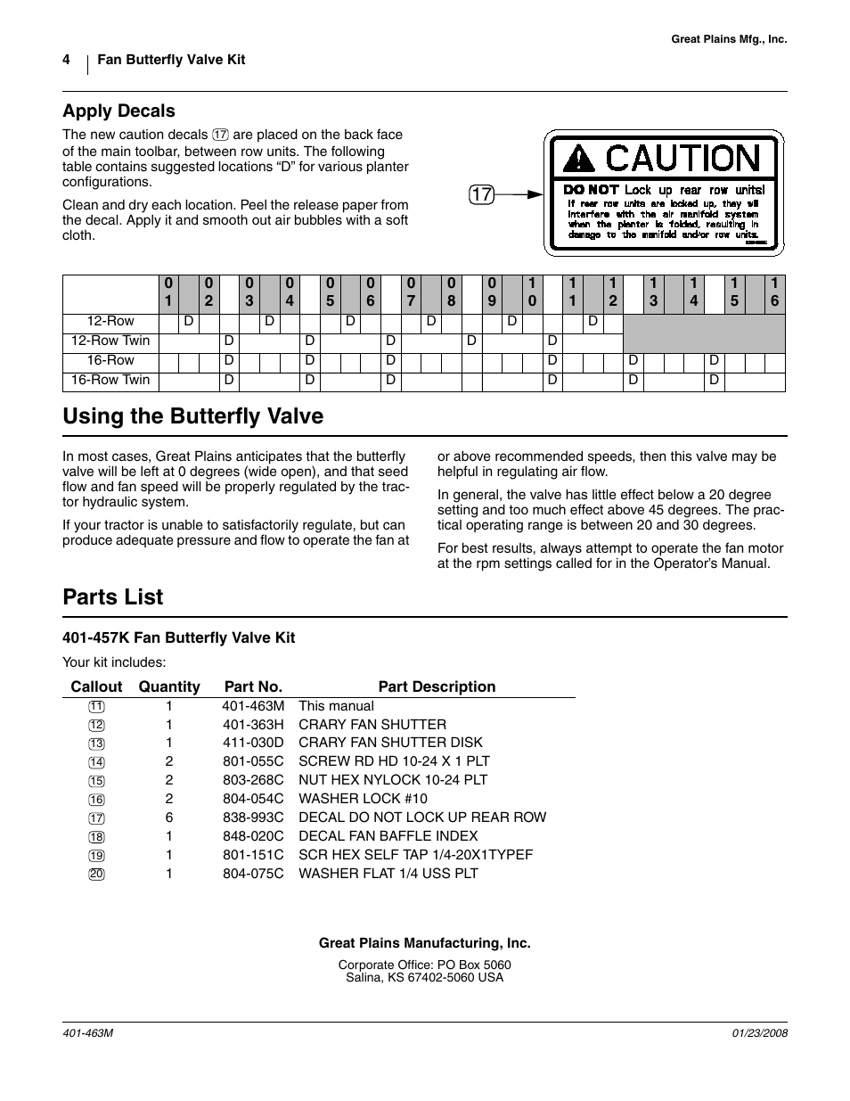 Apply decals, Using the butterfly valve, Parts list | 457k fan butterfly valve kit, So that the “0” and “90, In the shaft, And 10-24 n | Great Plains Fan Butterfly Valve Kit User Manual | Page 4 / 4