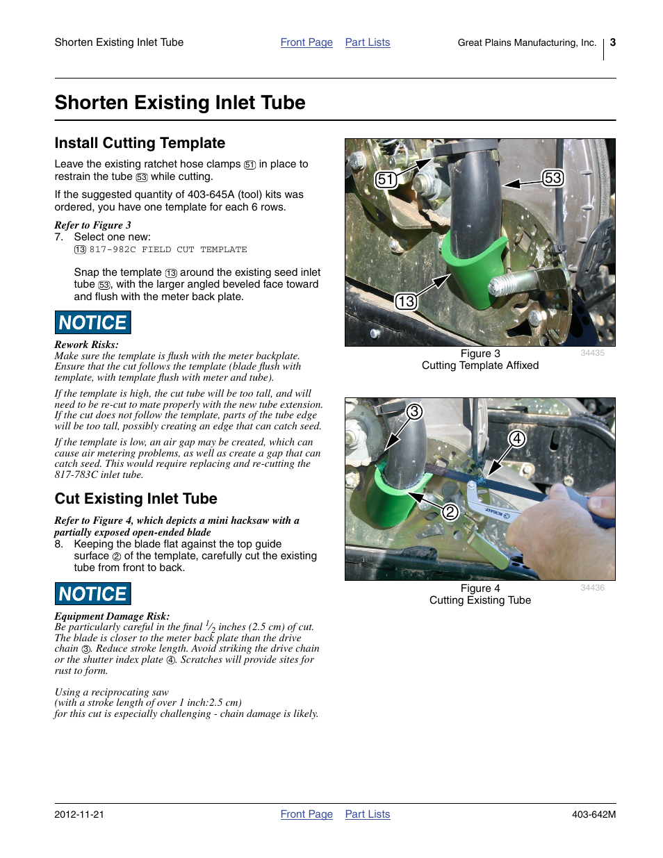 Shorten existing inlet tube, Install cutting template, Cut existing inlet tube | W cutting at step 8 | Great Plains Air-Pro Field Update Kit User Manual | Page 3 / 8