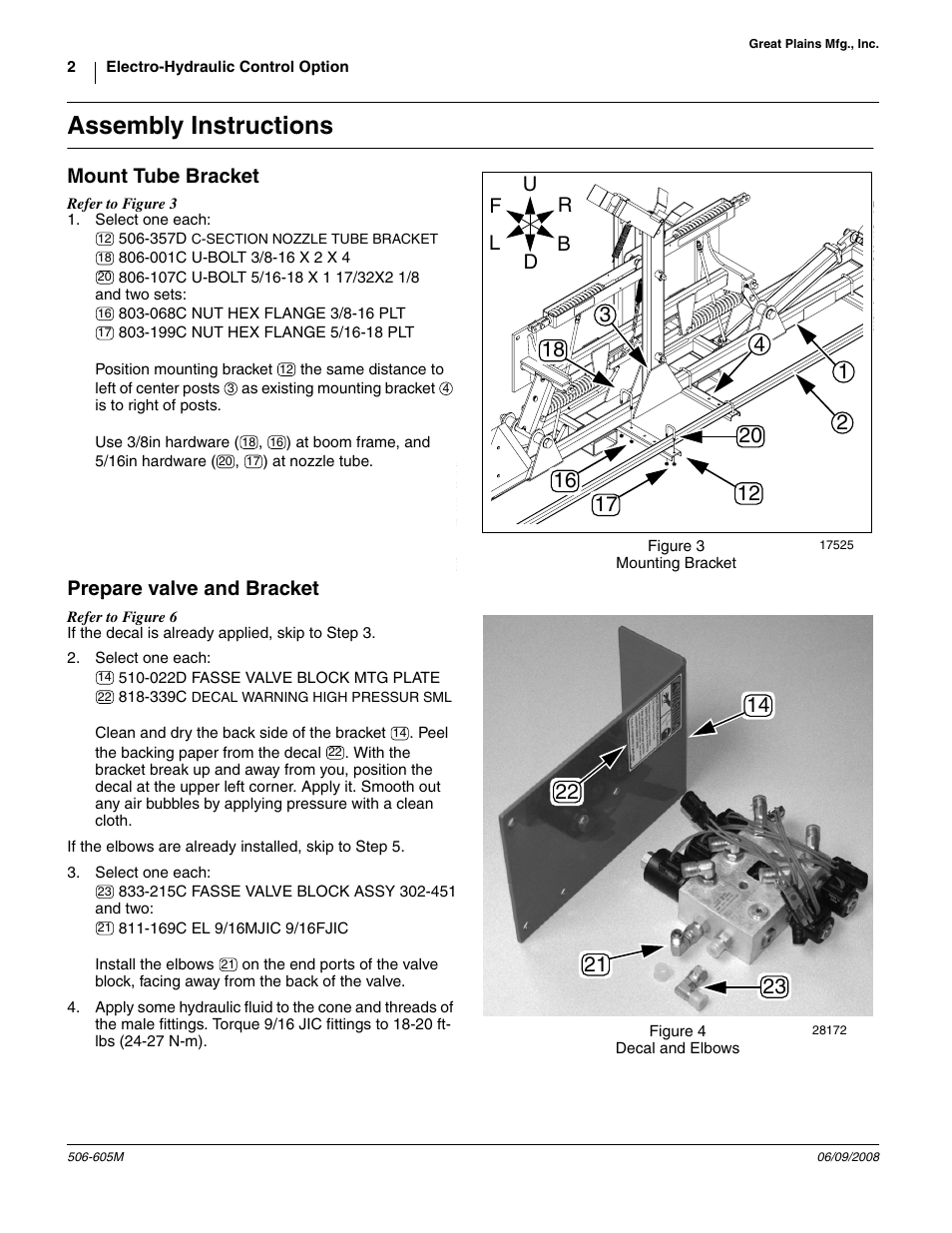 Assembly instructions, Mount tube bracket, Prepare valve and bracket | Great Plains Electro-Hydraulic Control Option Great Plains 3-Point Sprayers User Manual | Page 2 / 8