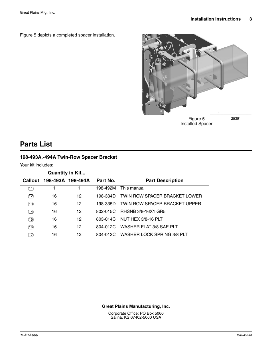 Parts list, 493a,-494a twin-row spacer bracket, Making sure its | Through the square holes from | Great Plains Twin-Row Spacer Bracket User Manual | Page 3 / 3