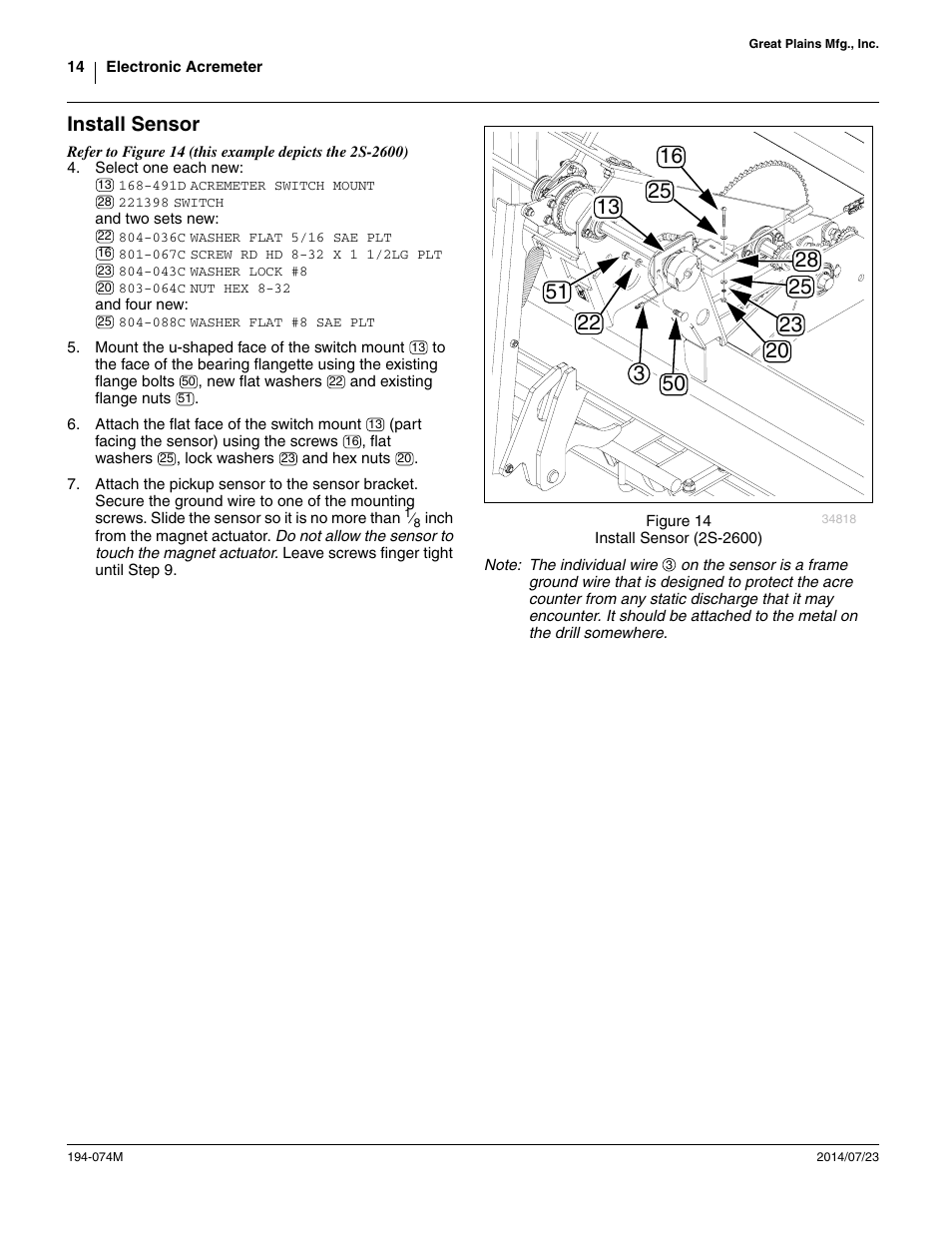 Install sensor | Great Plains Electronic Acremeter User Manual | Page 14 / 34
