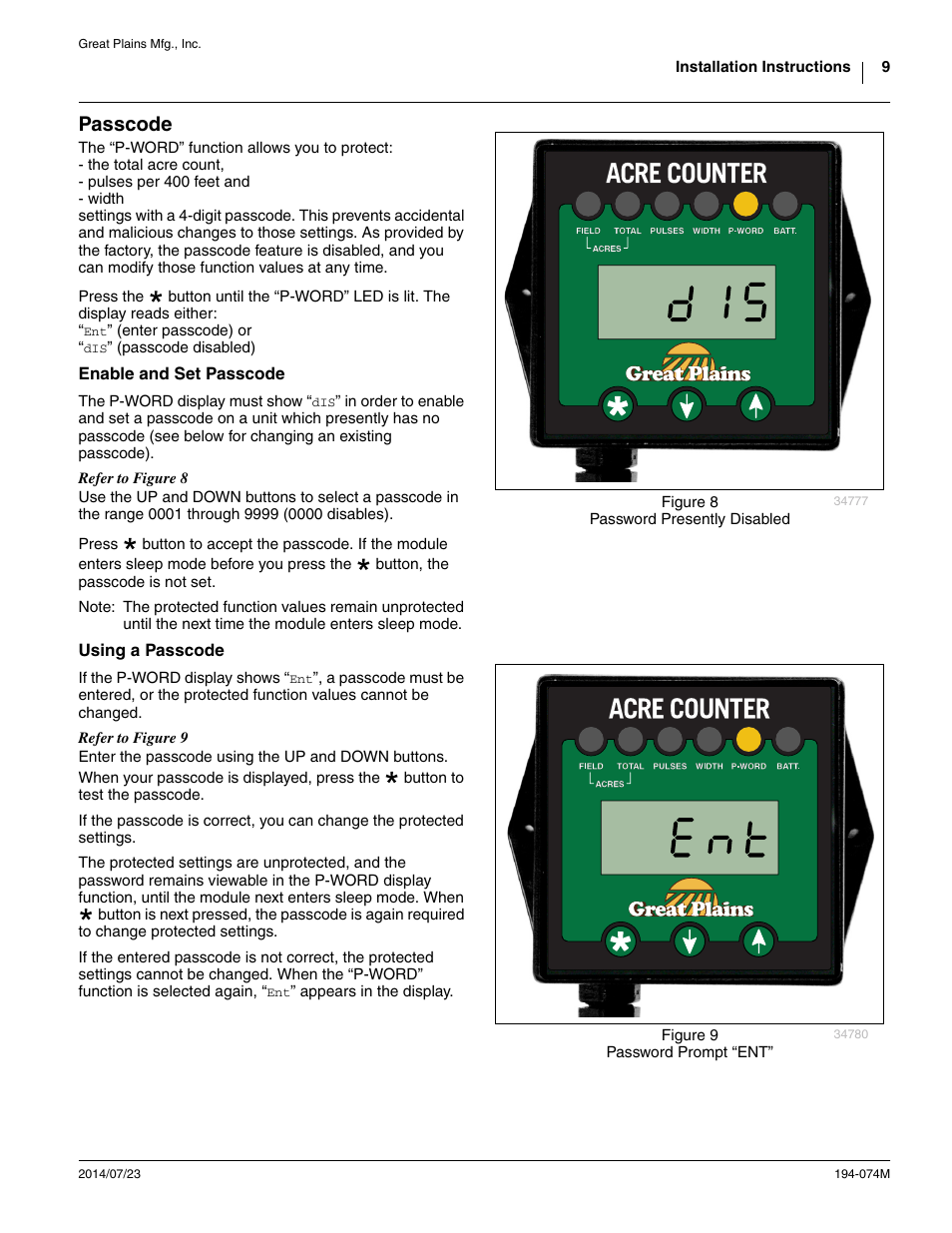 Passcode | Great Plains Electronic Acremeter User Manual | Page 9 / 34