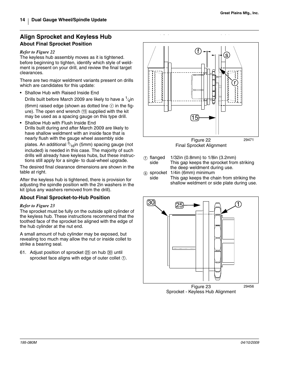 Align sprocket and keyless hub, About final sprocket position, About final sprocket-to-hub position | 15 f s r | Great Plains Gauge Wheel-Spindle User Manual | Page 14 / 24