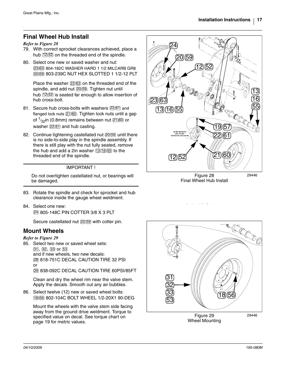 Final wheel hub install, Mount wheels, Igure 28 | Great Plains Gauge Wheel-Spindle User Manual | Page 17 / 24